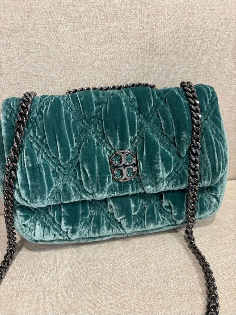 Tory Burch Velvet-Trim Teal Shoulder Bag